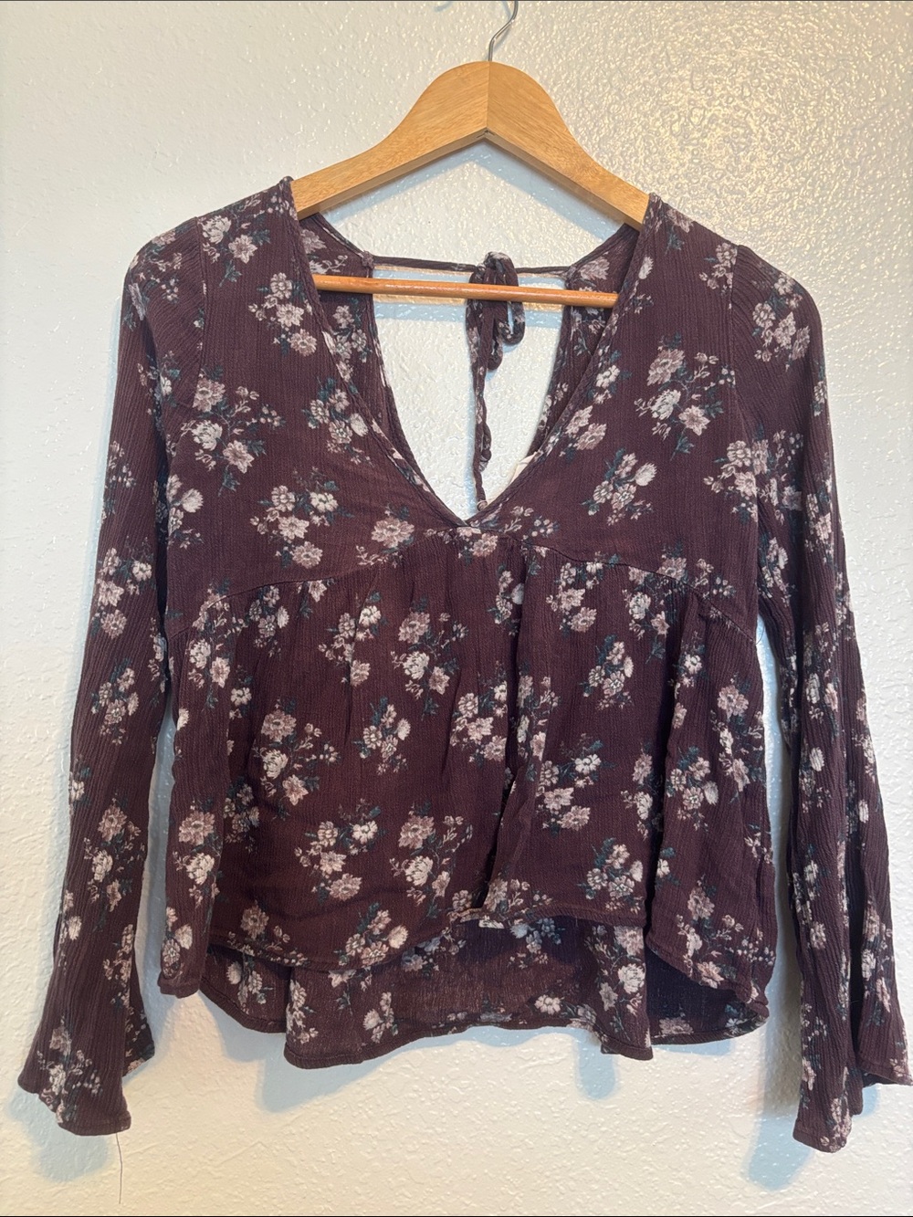 Full Tilt Plum Floral V-Neck Tie-Back Blouse
